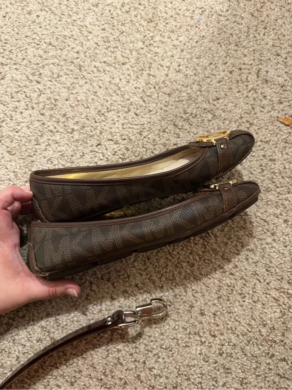 Michael Kors Brown Logo MK Round Buckle Ballet Flats